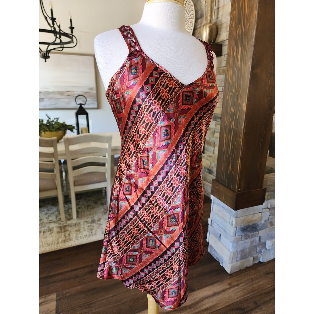 California Dynasty VTG 90s Satin Geometric Tribal Southwest Mini Slip Dress M
